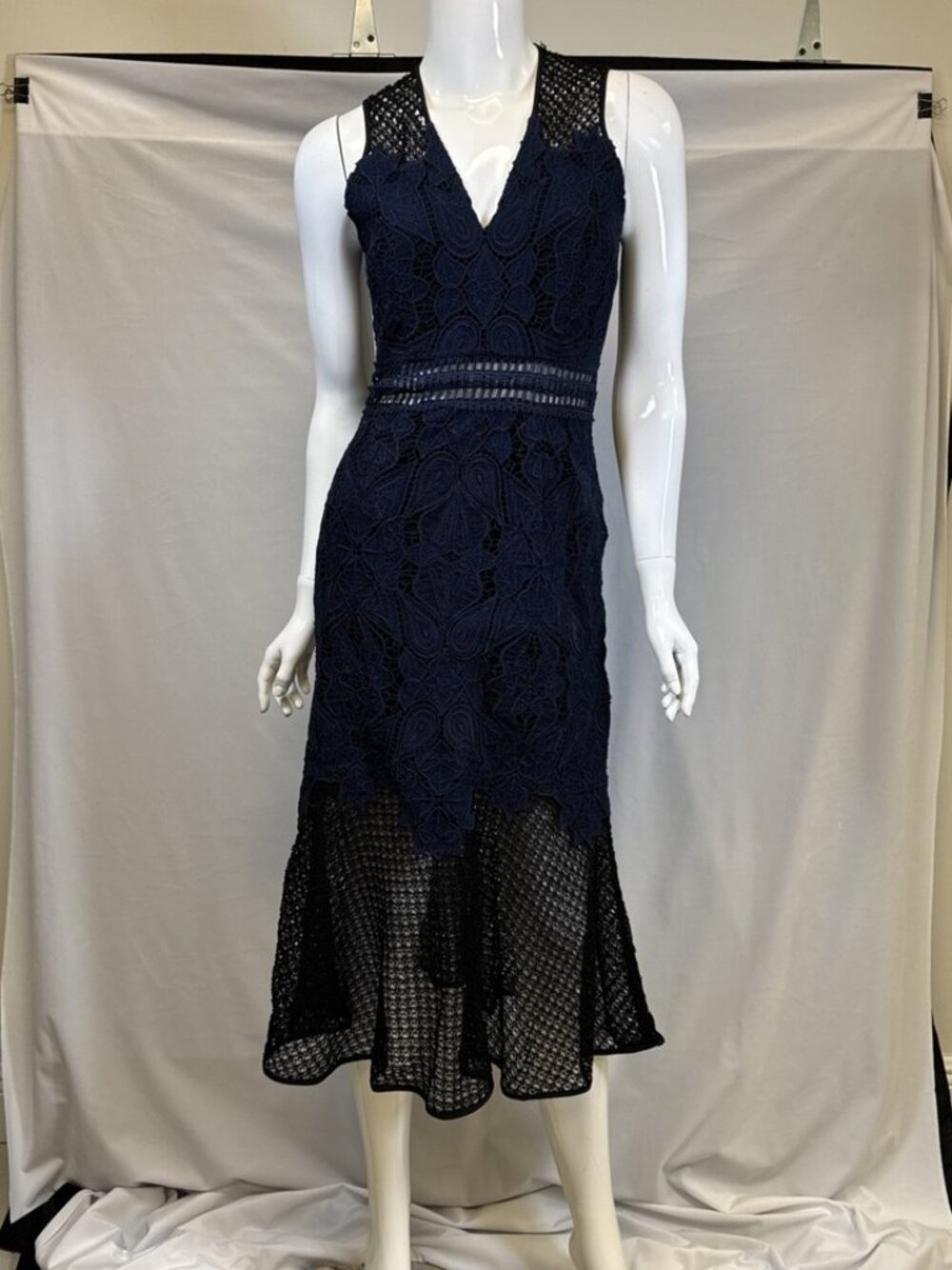 Jonathan Simkhai Fluted Hem Lined Sleeveless Lace Midi Dress Black Blue Size 2